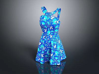 Stylish Blue Floral Print Dress With Spaghetti Straps And A Line Hem 3d model