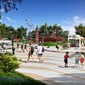 People Walking In Public Square With Trees Brick Clock Tower And Benches