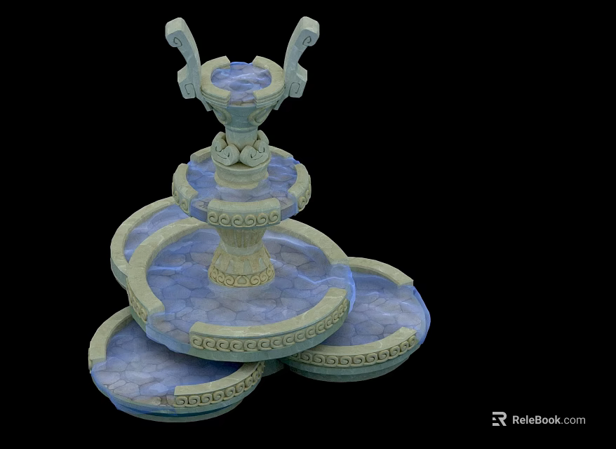 Ornate Three Tiered Fountain With Intricate Carvings And Blue Stone Basins 3d model 