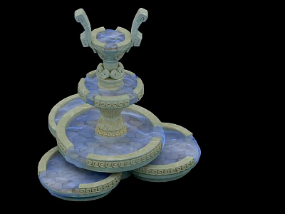 Ornate Three Tiered Fountain With Intricate Carvings And Blue Stone Basins 3d model