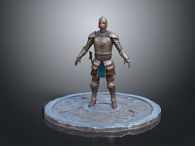 Silver Armored Game Movie Character with Orange Eyes Blue Waist on Circular Patterned Base 3d model