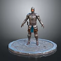 Silver Armored Game Movie Character with Orange Eyes Blue Waist on Circular Patterned Base