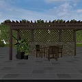 Outdoor Wooden Pergola with Lattice Roof Stone Wall and Garden Table Chairs