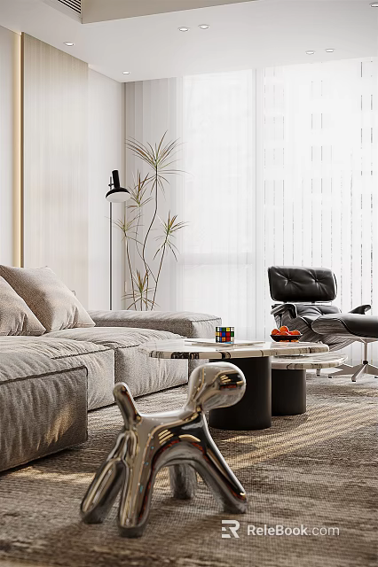 Elegant Modern Living And Dining Room Interior With Gray Sofa Floor Lamp And Leather Chair 3d model 
