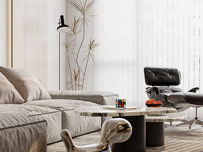 Elegant Modern Living And Dining Room Interior With Gray Sofa Floor Lamp And Leather Chair 3d model