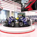 YAMAHA Exhibition Booth With White Red Striped Design And Displayed Motorcycles Screens