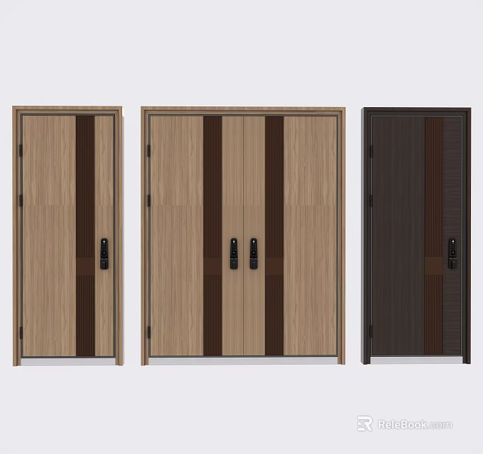 Modern Security Doors With Three Different Wooden Panel Designs And Vertical Stripes 3d model