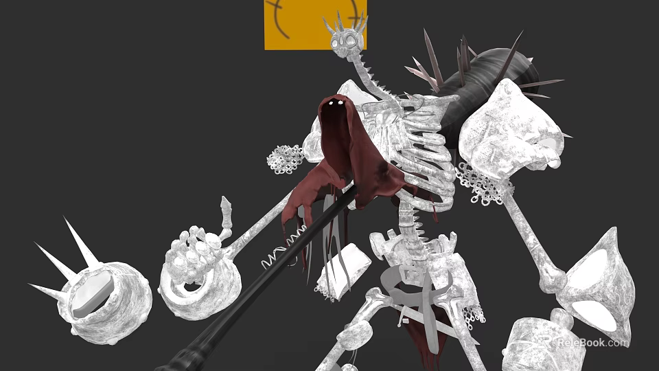 Skeleton Game Movie Character With Red Cloak And Spiked Weapon Decorative Elements 3d model