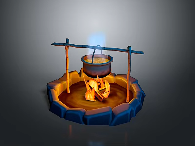 Traditional Outdoor Cooking Pot With Hanging Wooden Frame And Stone Base Over Fire 3d model