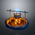 Traditional Outdoor Cooking Pot With Hanging Wooden Frame And Stone Base Over Fire