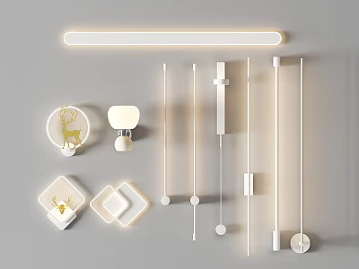 Modern White Wall Lamps with Various Shapes Gold Accents and Circular Square Linear Designs 3d model
