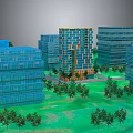 Modern High Rise Buildings With Glass Facades Surrounded By Green Lawns And Trees