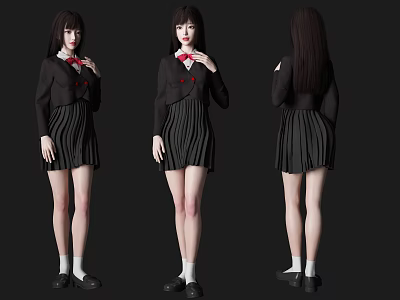 Woman In Black School Uniform With Pleated Skirt Red Bow Tie And Full Body Views 3d model