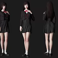 Woman In Black School Uniform With Pleated Skirt Red Bow Tie And Full Body Views