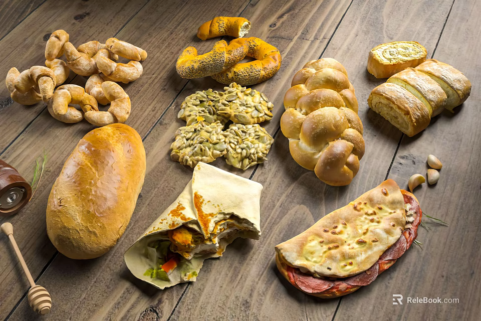 Assorted Fresh Baked Bread and Savory Food Items Displayed on Rustic Wooden Table 3d model 