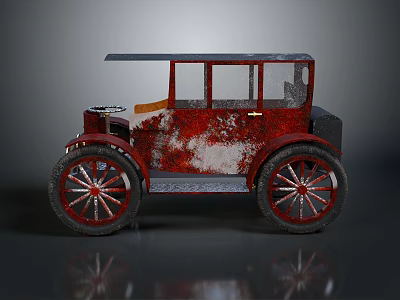 Vintage Car With Rusty Red White Exterior Wooden Metal Body Classic Design Spoked Wheels 3d model