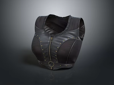 Black Leather Fitted Vest With Zipper Studs And Ring Detail For Fashionable Style 3d model