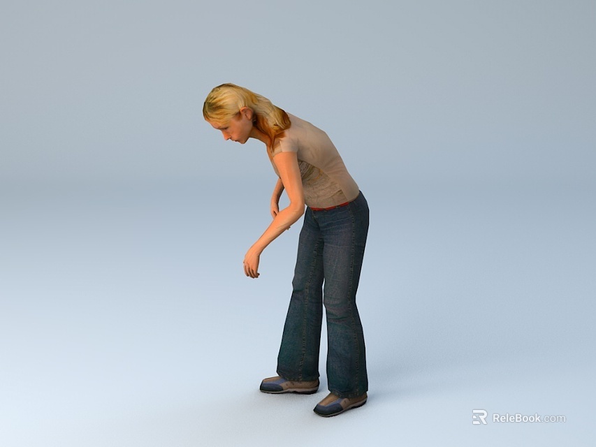 Woman bending over in gray top and dark jeans with dark shoes against light background 3d model 