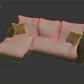Modern Sectional Sofa with Beige Striped Cushions Brown Armrests and Throw Pillows