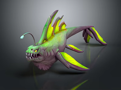 Mythical Monster Fish With Sharp Teeth Green Purple Body Yellow Fins And Antenna 3d model