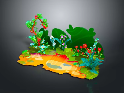 Vibrant Natural Scene With Green Plants Strawberries Colorful Flowers And Leaves 3d model