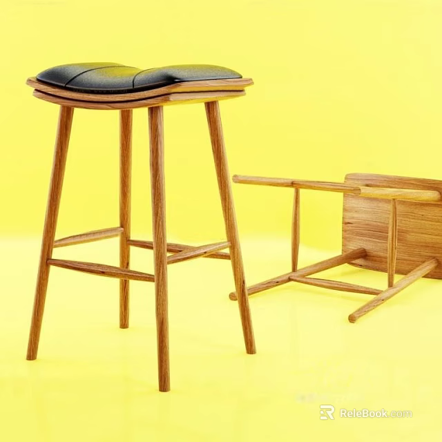 Wooden Bar Stool With Black Cushion And Unassembled Wooden Frame 3d model 