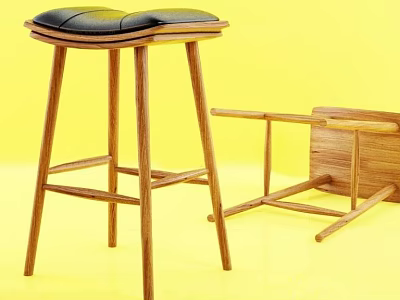 Wooden Bar Stool With Black Cushion And Unassembled Wooden Frame 3d model
