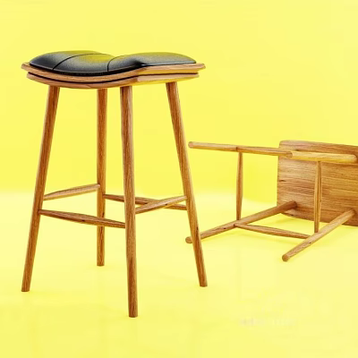 Wooden Bar Stool With Black Cushion And Unassembled Wooden Frame 3d model
