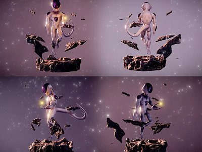 Sci Fi Sculpture Carving With Glowing Elements And Floating Debris On Rock Base In Starry Background 3d model