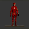 Two Superheroes in Red and Yellow Costumes with Lightning Logo Standing on Brick Platform