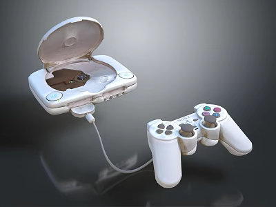 White Retro Gaming Console With Connected Wired Game Controller For Entertainment 3d model