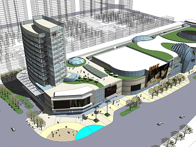 Modern Commercial Complex with High Rise Building Shopping Mall Green Roof Plaza and Pedestrian Area 3d model