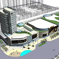 Modern Commercial Complex with High Rise Building Shopping Mall Green Roof Plaza and Pedestrian Area