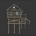 Stilted Log Cabin With Gray Wooden Shingle Roof Windows And Blue Door And Wooden Staircase