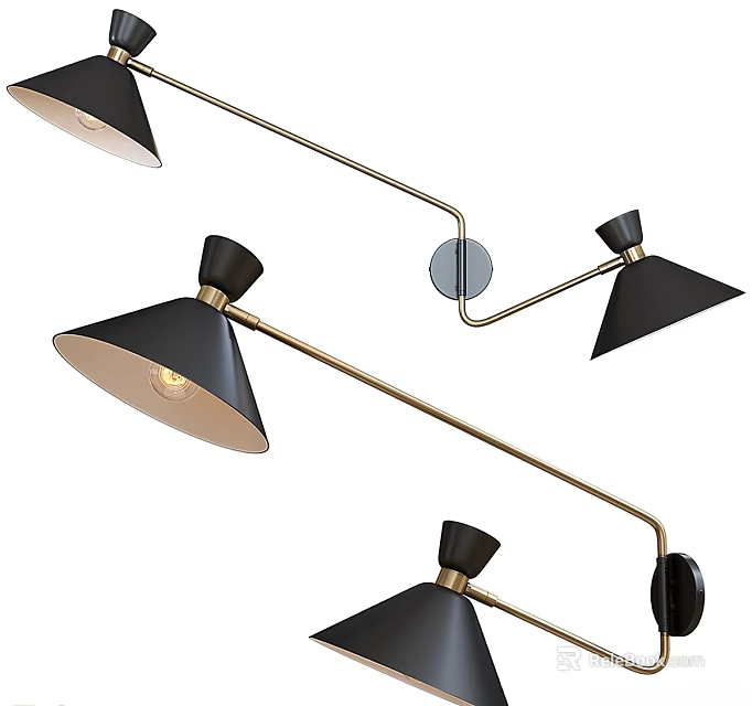 Modern Black Shade Wall Lamp With Brass Metal Arm And Geometric Design Structure 3d model 