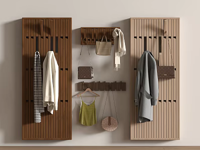 Dark And Light Wooden Wall Mounted Coat Rack With Coats Bags Scarves And Camisole 3d model