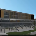 Modern School Building Featuring Glass Facade Terrace and Football Field on Green Campus