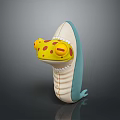 Cartoon Creature Toy Featuring Yellow Head Red Spots Open Mouth White Teeth And Turquoise Body