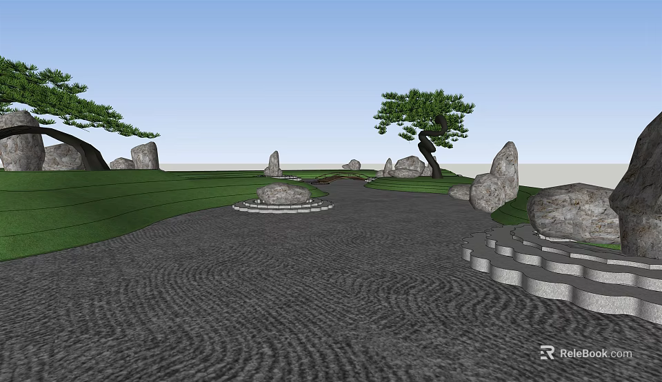 Serene Plaza Landscape with Green Grass Pine Trees and Wavy Textured Stones Ground 3d model 