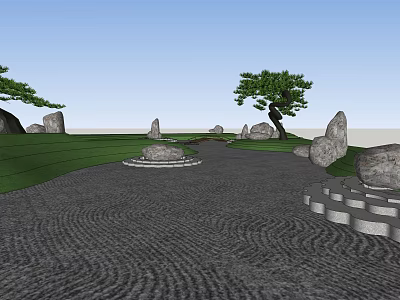 Serene Plaza Landscape with Green Grass Pine Trees and Wavy Textured Stones Ground 3d model