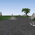 Serene Plaza Landscape with Green Grass Pine Trees and Wavy Textured Stones Ground