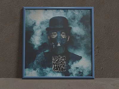Oil Painting Featuring Man With Top Hat Masked Face Smoke Blue Frame On Gray Wall 3d model