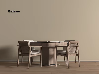 Modern Wooden Entertainment Table With Minimalist Design And Four Woven Chairs In Neutral Interior Setting 3d model