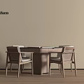 Modern Wooden Entertainment Table With Minimalist Design And Four Woven Chairs In Neutral Interior Setting