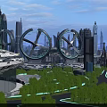 Modern Casement Door Design in Futuristic City with Skyscrapers Bridge Green Areas and Water