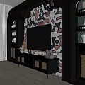 Modern Living Room TV Wall With Colorful Abstract Mural Black Stand Rattan Design Decorative Items