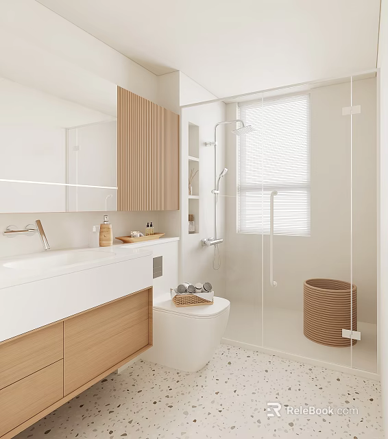 Modern Bathroom Interior Design With White Vanity Wooden Cabinets Glass Shower And Blinds 3d model 