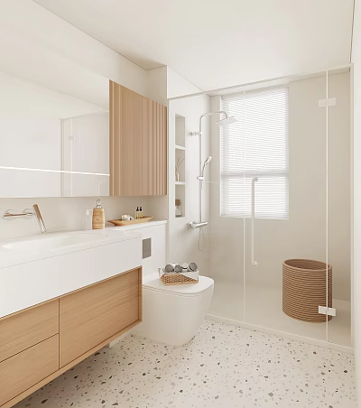 Modern Bathroom Interior Design With White Vanity Wooden Cabinets Glass Shower And Blinds 3d model