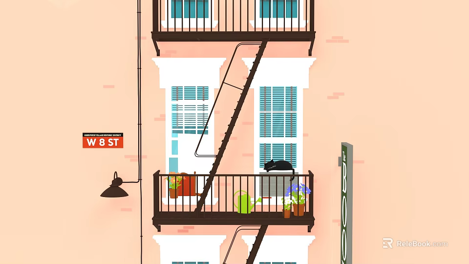 Pastel Apartment Building Exterior With Fire Escape Ladder West Street Sign And Balcony Potted Plants 3d model 