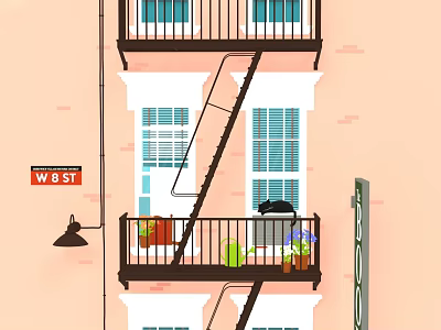 Pastel Apartment Building Exterior With Fire Escape Ladder West Street Sign And Balcony Potted Plants 3d model
